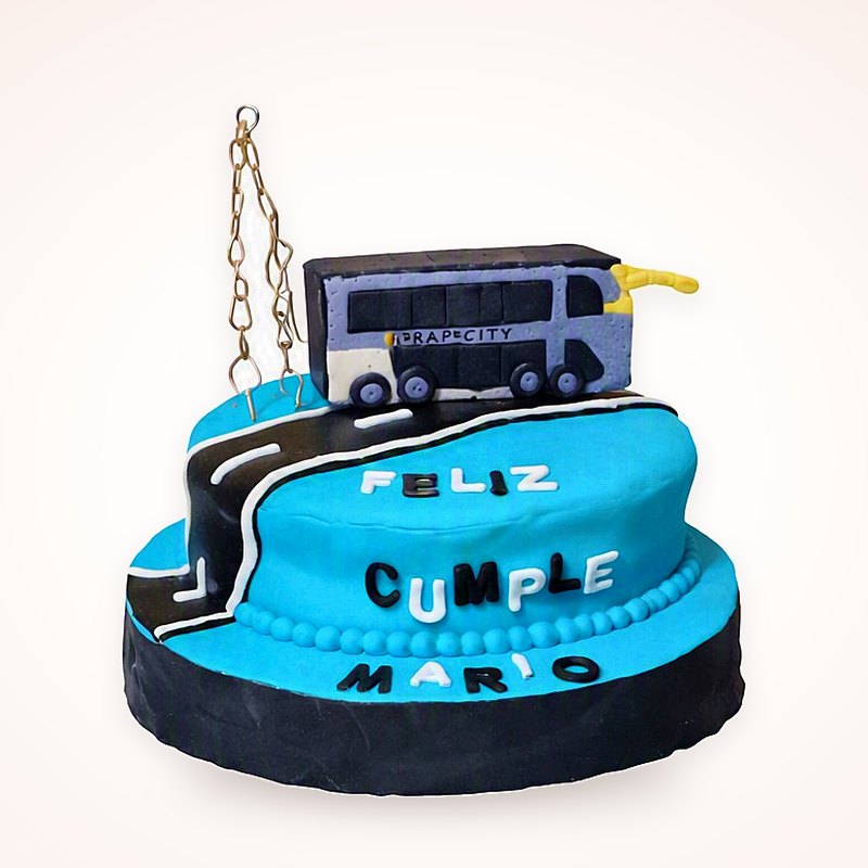 Viaje en bus: Carretera de fondant y bus en miniatura.