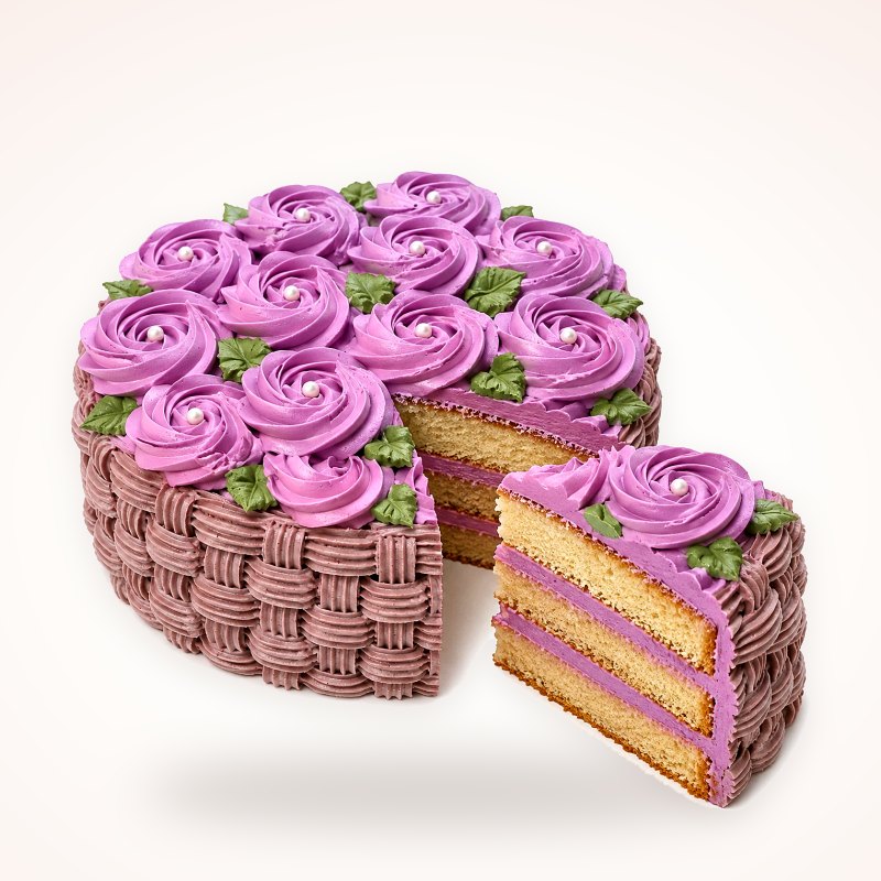 Canasta de rosas: Rosetones lilas sobre tejido de canasta.
