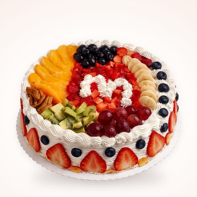 Corazón de frutas: Frutas frescas con inicial y borde de fresas.