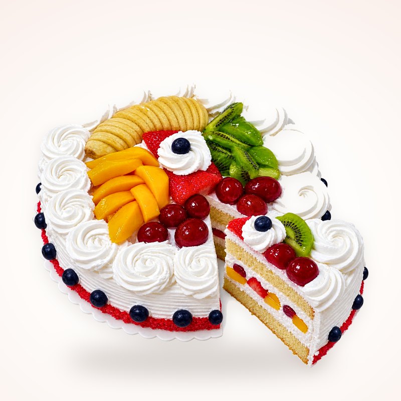 Torta de frutas: Chantilly con durazno, fresa, kiwi y arándanos.