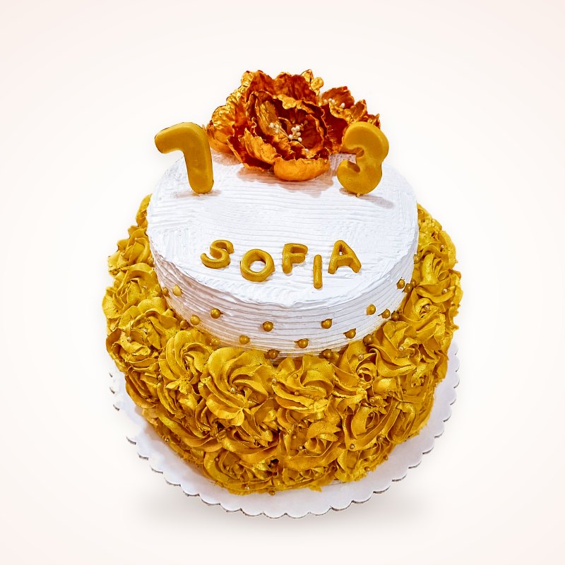 Rosetones dorados: Crema dorada, nombre y número en fondant.